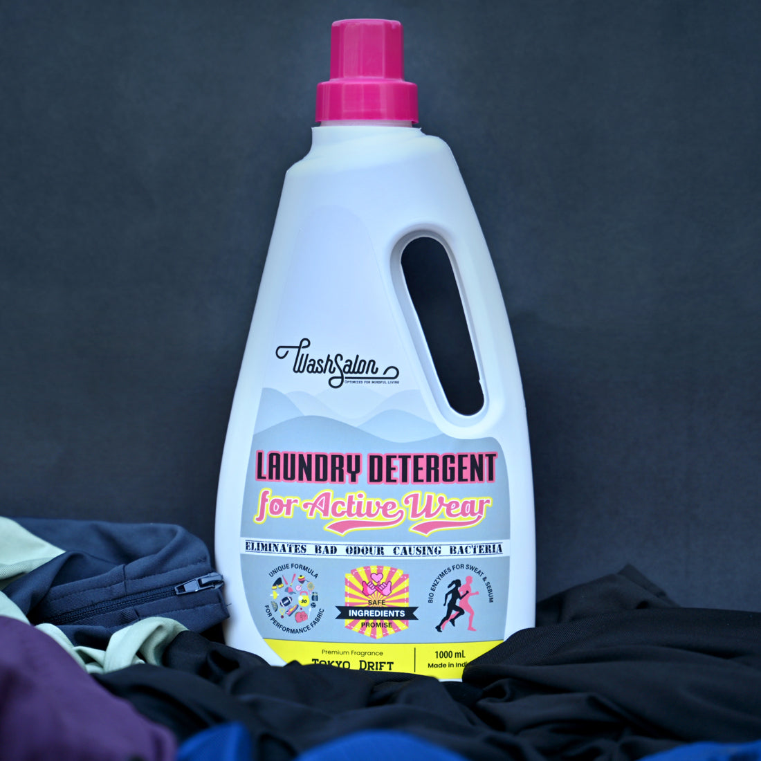 WashSalon Activewear Detergent with plant-based ingredients used on undergarments, wrinkle-free, sweat-resistant, and moisture-wicking fabrics – eco-friendly formula for premium fabrics