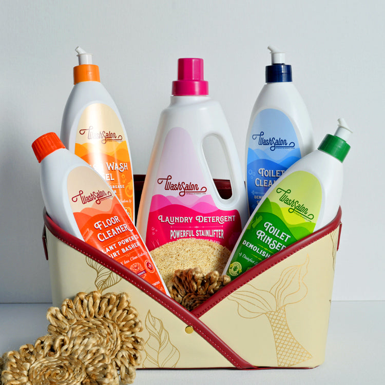 WashSalon complete eco-friendly home cleaning combo with dishwash, laundry detergent, toilet and floor cleaners