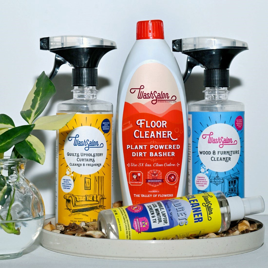Eco-friendly non-toxic home cleaning combo with floor cleaner, wood polish, fabric refresher, and gadget spray – safe for kids and pets in Indian homes