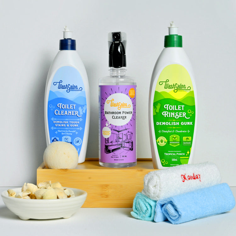 WashSalon Bathroom Cleaning Combo Set – eco-friendly power cleaner, heavy-duty toilet cleaner, and acid-free rinser for complete bathroom care