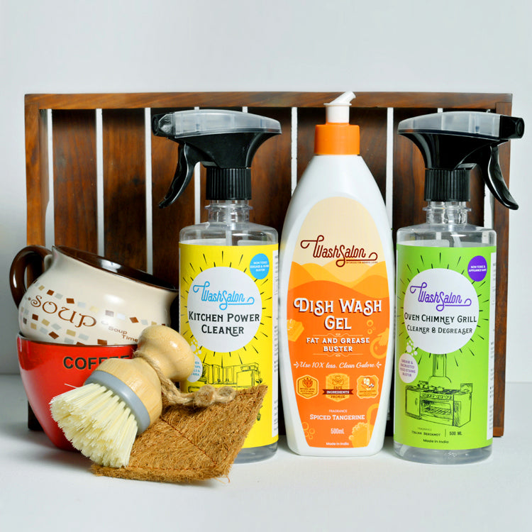 WashSalon Kitchen Cleaning Combo – Dishwash Gel, Degreaser Spray &amp; Surface Cleaner for Indian Kitchens