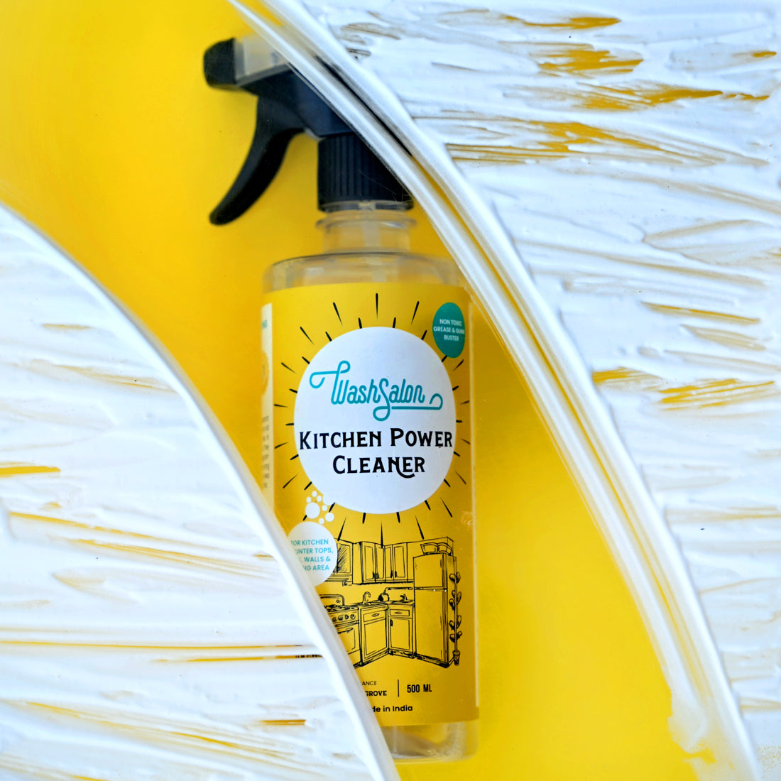 Multi-surface kitchen cleaning with WashSalon eco-friendly degreaser spray – sinks, tiles, and countertops

