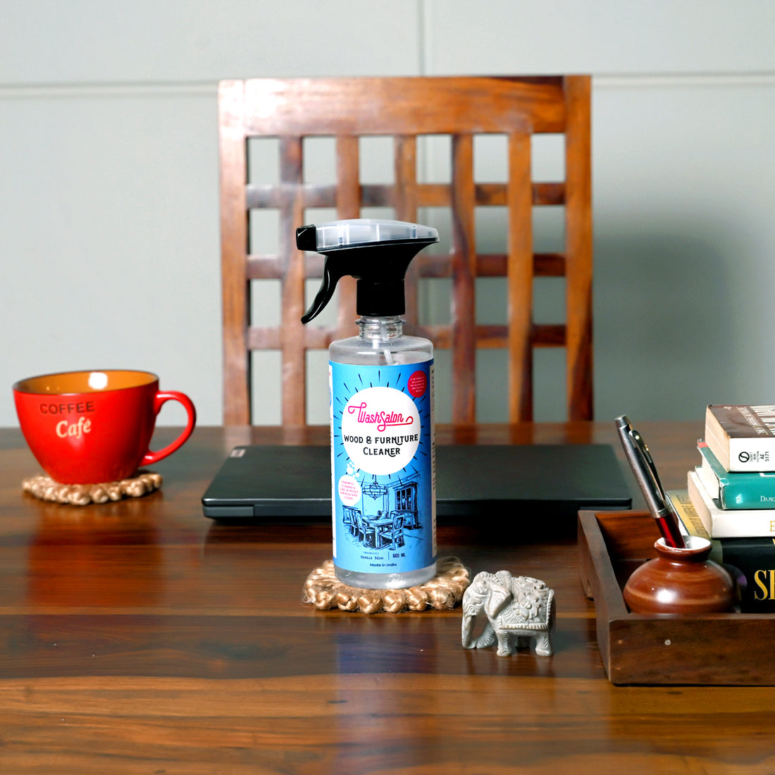 WashSalon Wood &amp; Furniture Cleaner Spray bottle on polished wooden table – eco-friendly, linseed oil-based wood polish for India